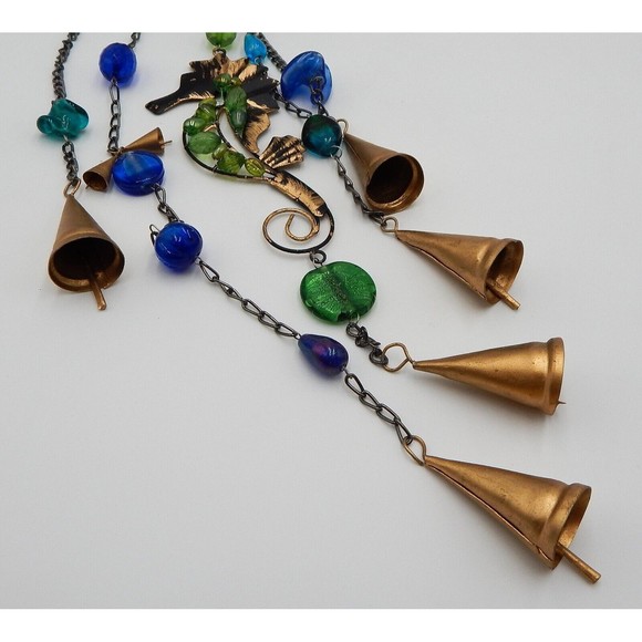 Pier 1 One Imports Jewel Tone Beaded Seahorse Windchime Gold Bells Made in India - Picture 7 of 8